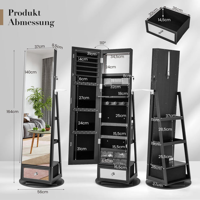 Rotating Jewelry Armoire with Mirror, Lockable, Black