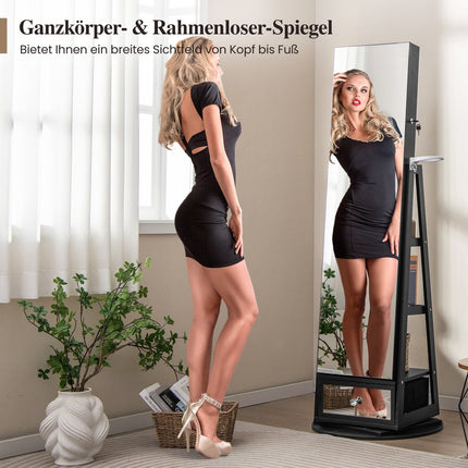 Rotating Jewelry Armoire with Mirror, Lockable, Black