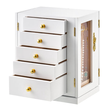 Rotating Jewelry Box Organizer, 5 Drawers, Necklace Hooks
