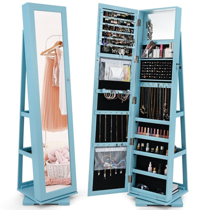Rotating Jewelry Cabinet with Full-Length Mirror, Blue