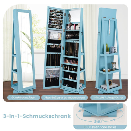 Rotating Jewelry Cabinet with Full-Length Mirror, Blue