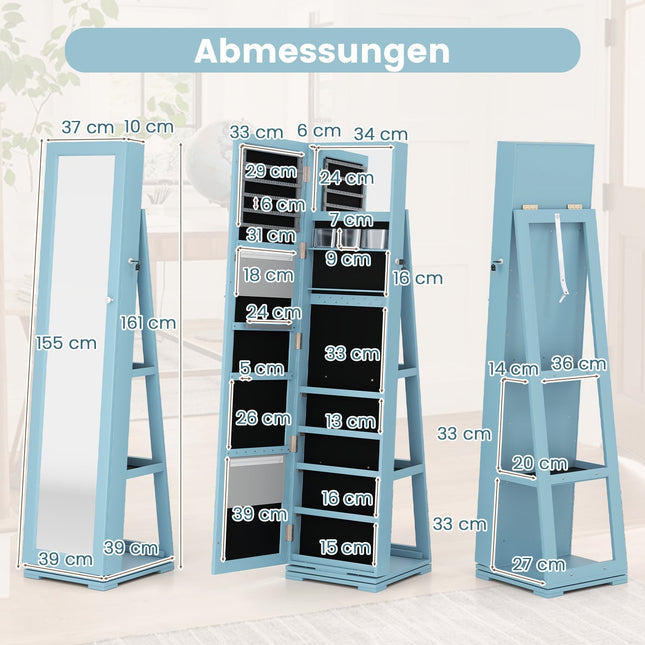 Rotating Jewelry Cabinet with Full-Length Mirror, Blue