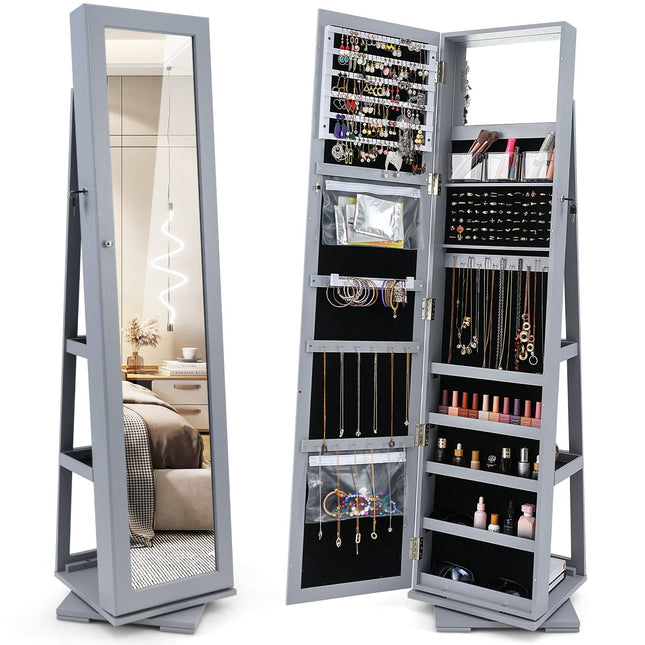 Rotating Jewelry Cabinet with Full-Length Mirror, Gray