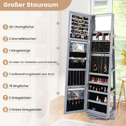 Rotating Jewelry Cabinet with Full-Length Mirror, Gray