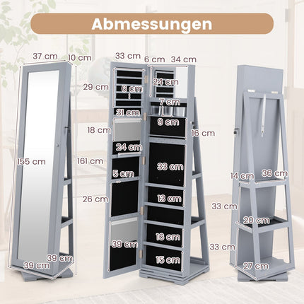 Rotating Jewelry Cabinet with Full-Length Mirror, Gray