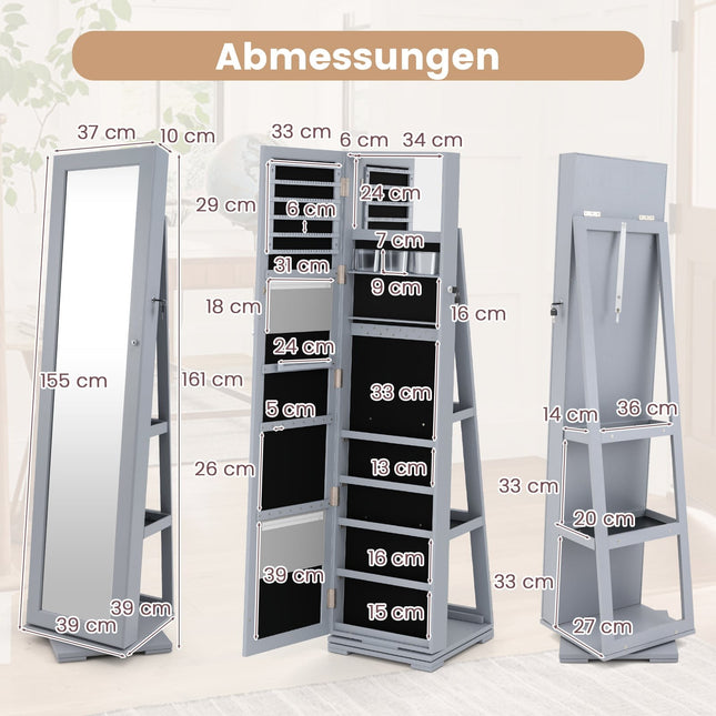 Rotating Jewelry Cabinet with Full-Length Mirror, Gray