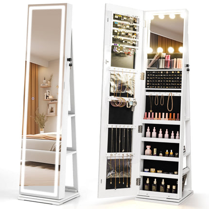 Rotating Jewelry Cabinet with LED Mirror & Storage Shelves