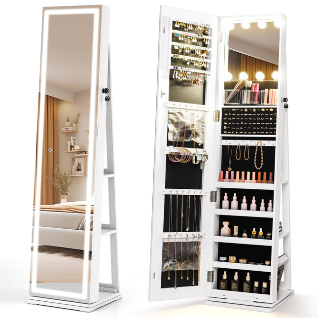 Rotating Jewelry Cabinet with LED Mirror & Storage Shelves