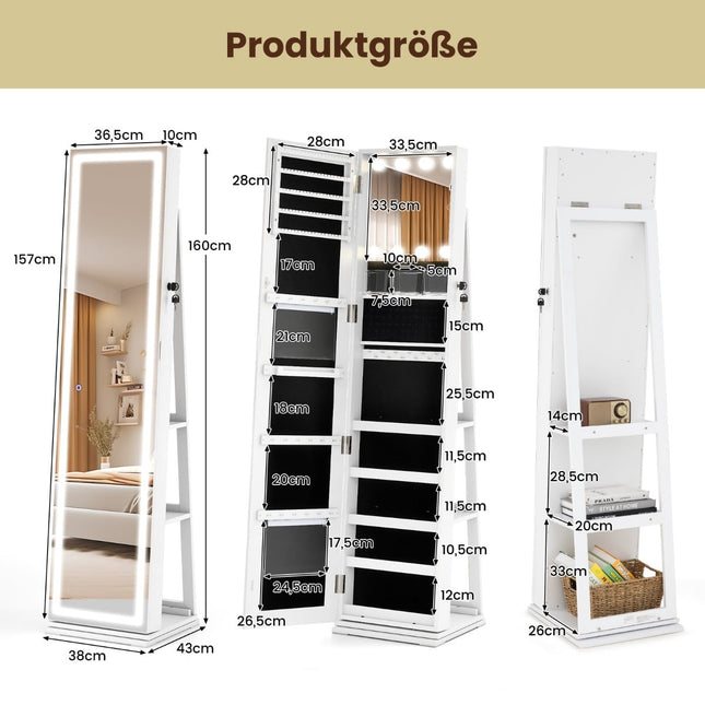 Rotating Jewelry Cabinet with LED Mirror & Storage Shelves