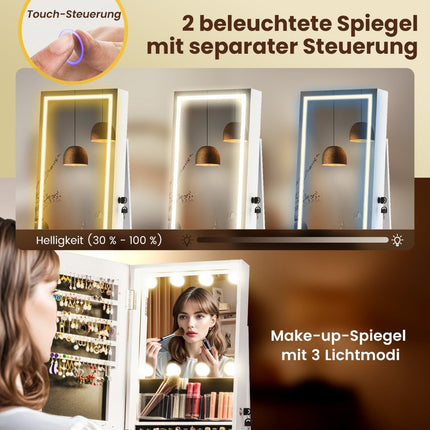 Rotating Jewelry Cabinet with LED Mirror & Storage Shelves