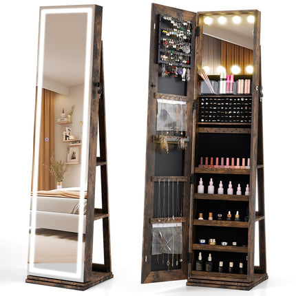 Rotating Jewelry Cabinet with LED Mirror and Storage