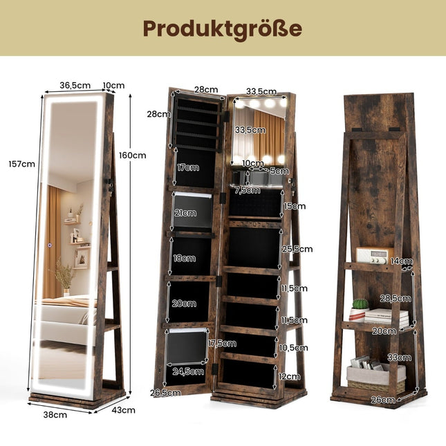 Rotating Jewelry Cabinet with LED Mirror and Storage
