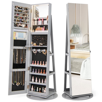 Rotating Jewelry Cabinet with Mirror, LED Lights, Lockable