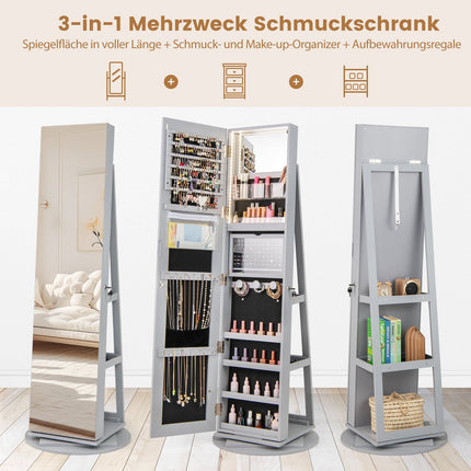 Rotating Jewelry Cabinet with Mirror, LED Lights, Lockable