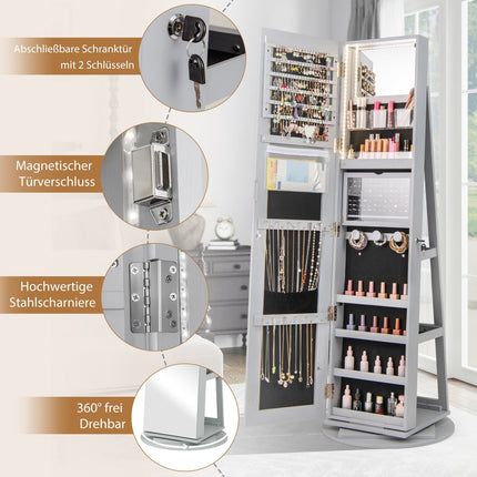 Rotating Jewelry Cabinet with Mirror, LED Lights, Lockable