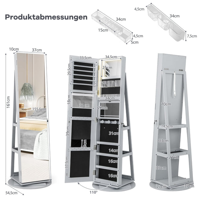 Rotating Jewelry Cabinet with Mirror, LED Lights, Lockable