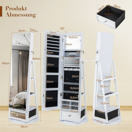 Rotating Jewelry Cabinet with Mirror, LED, Lock – 140x37 cm