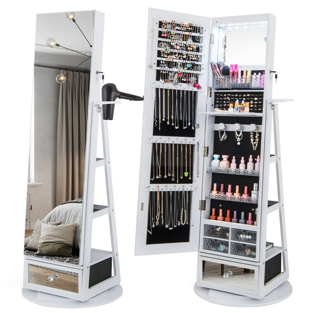 Rotating Jewelry Cabinet with Mirror, LED, Lock – 140x37 cm