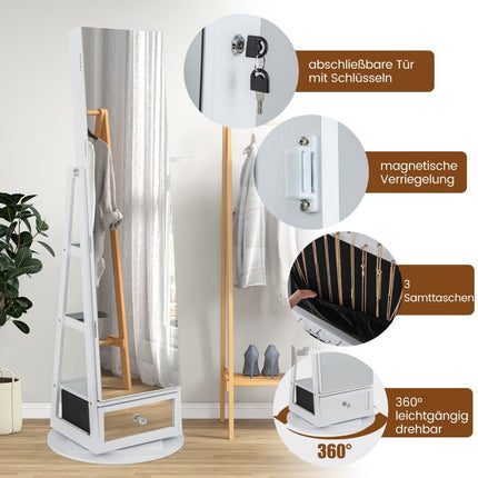 Rotating Jewelry Cabinet with Mirror, LED, Lock – 140x37 cm