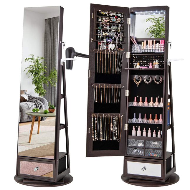 Rotating Jewelry Cabinet with Mirror, Lockable, LED Lights