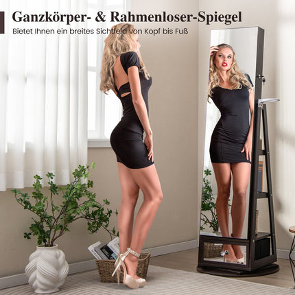 Rotating Jewelry Cabinet with Mirror, Lockable, LED Lights
