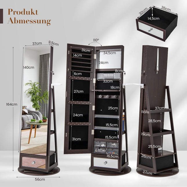 Rotating Jewelry Cabinet with Mirror, Lockable, LED Lights