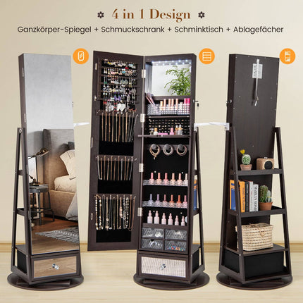 Rotating Jewelry Cabinet with Mirror, Lockable, LED Lights