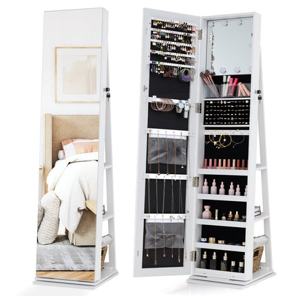 Rotating Jewelry Cabinet with Mirror, Shelves, LED Lights