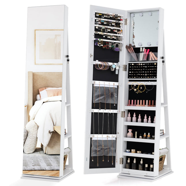 Rotating Jewelry Cabinet with Mirror, Shelves, LED Lights