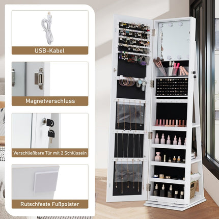 Rotating Jewelry Cabinet with Mirror, Shelves, LED Lights