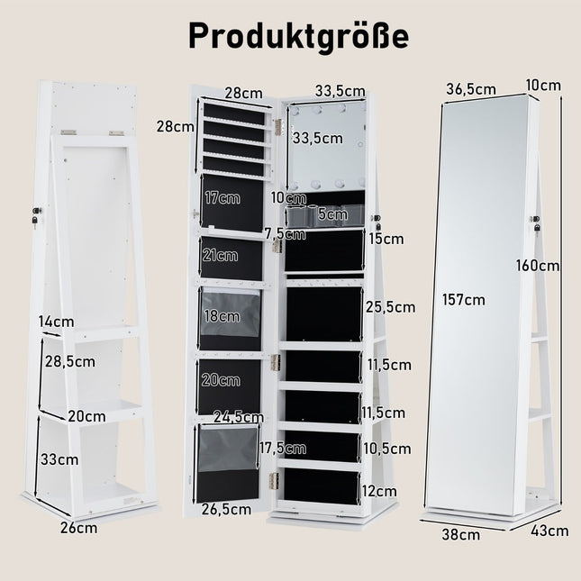 Rotating Jewelry Cabinet with Mirror, Shelves, LED Lights