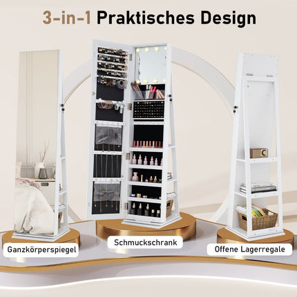 Rotating Jewelry Cabinet with Mirror, Shelves, LED Lights
