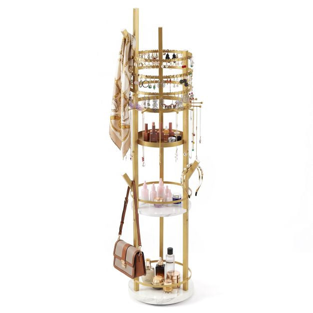 Rotating Jewelry Organizer Stand, 360 Swivel, Hooks, Shelves
