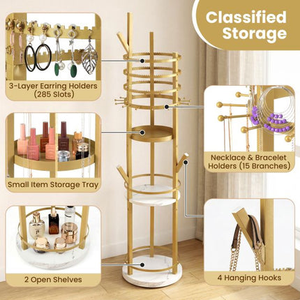 Rotating Jewelry Organizer Stand, 360 Swivel, Hooks, Shelves