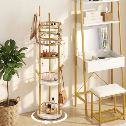 Rotating Jewelry Organizer Stand, 360 Swivel, Hooks, Shelves