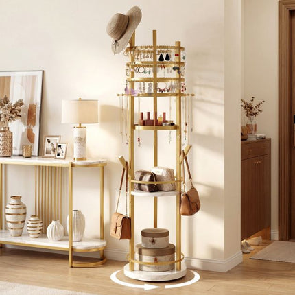 Rotating Jewelry Organizer Stand, 360 Swivel, Hooks, Shelves