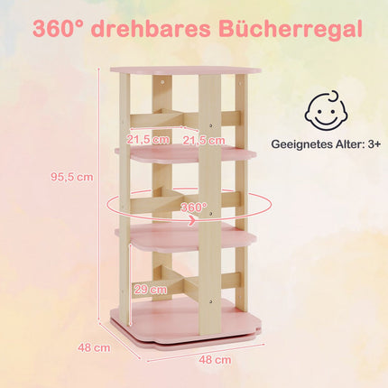 Rotating Kids Bookshelf, 3-Tier, 12 Compartments, Pink