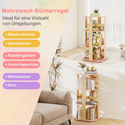 Rotating Kids Bookshelf, 3-Tier, 12 Compartments, Pink