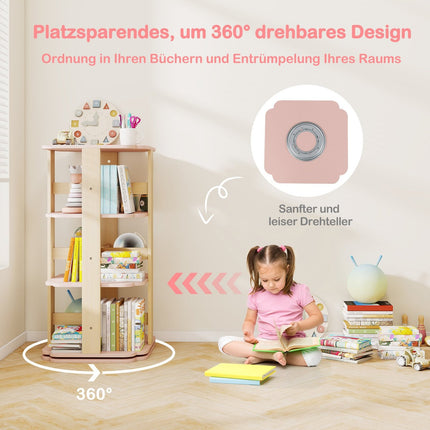 Rotating Kids Bookshelf, 3-Tier, 12 Compartments, Pink