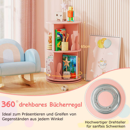 Rotating Kids Bookshelf with 2 Levels & Bunny Dividers, Pink