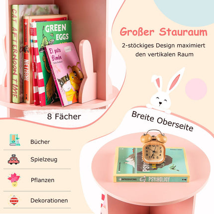 Rotating Kids Bookshelf with 2 Levels & Bunny Dividers, Pink