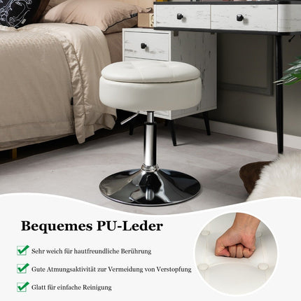 Rotating Makeup Stool with Storage, Adjustable Height, White