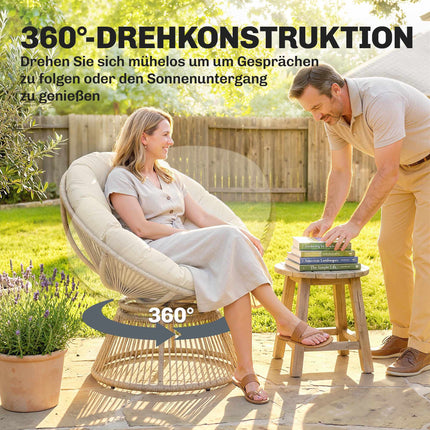 Rotating Papasan Chair with Cushion, Steel Frame, Cream