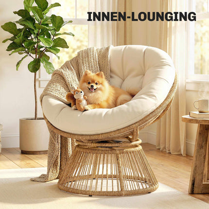 Rotating Papasan Chair with Cushion, Steel Frame, Cream