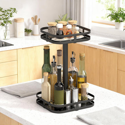 Rotating Spice Rack, 2-Tier, Metal, Black, Suction Feet