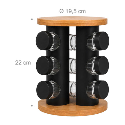 Rotating Spice Rack with 12 Glass Jars and Shaker Inserts, Bamboo, Black