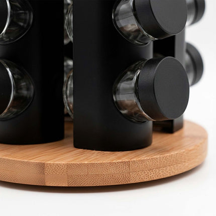 Rotating Spice Rack with 12 Glass Jars and Shaker Inserts, Bamboo, Black