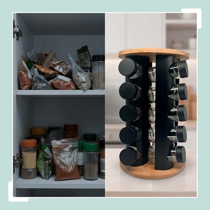 Rotating Spice Rack with 16 Glass Jars and Shaker Inserts, Bamboo, Black