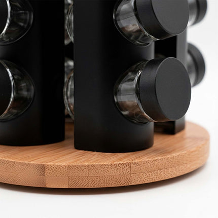 Rotating Spice Rack with 16 Glass Jars and Shaker Inserts, Bamboo, Black