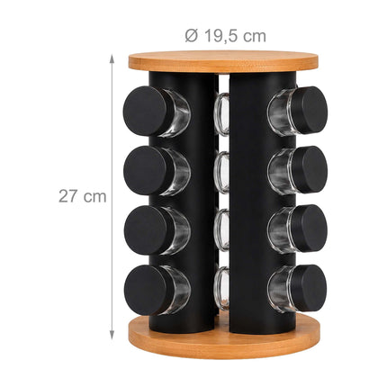 Rotating Spice Rack with 16 Glass Jars and Shaker Inserts, Bamboo, Black